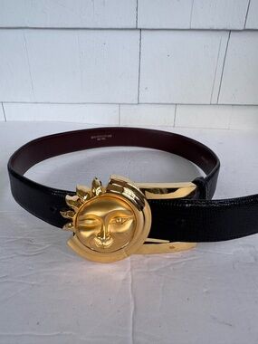 Barry Kieselstein-Cord Lizard Black Belt with Gold Winking Celestial Moon Buckle